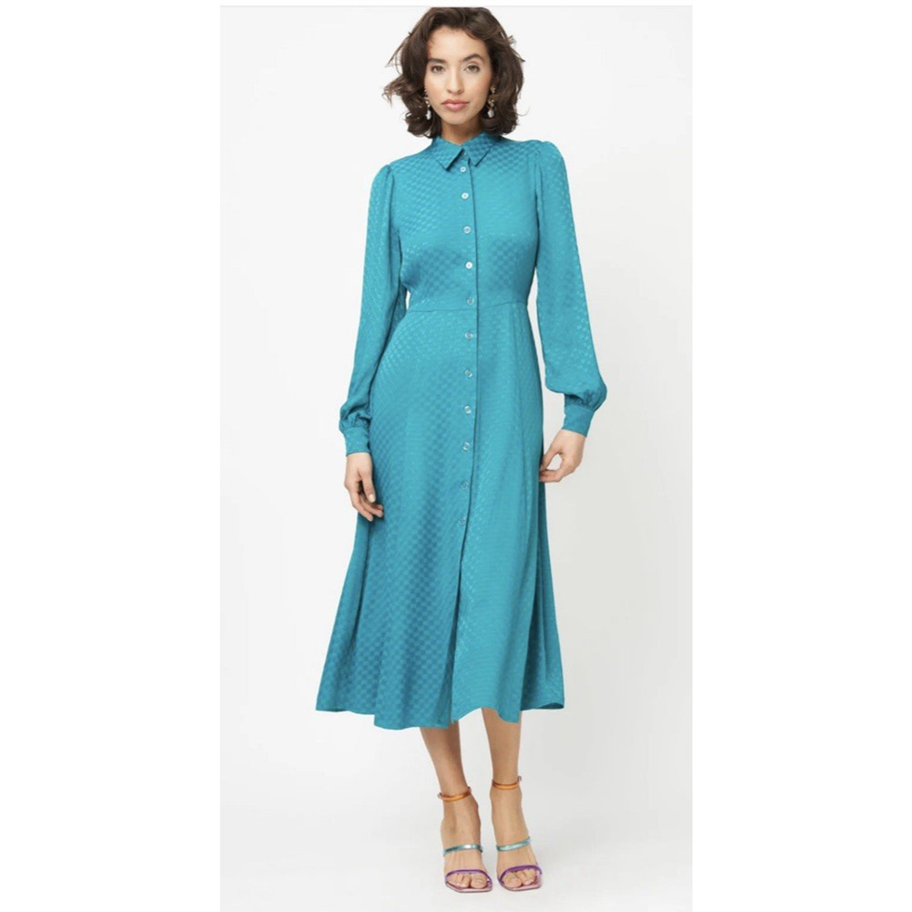 FRESHA LONDON Maeve Dress L EUC-TEAL Checkerboard Luxury MSRP $269 Business Date